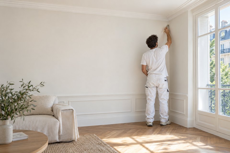 Peintre en bâtiment dans un séjour fraîchement repeint
